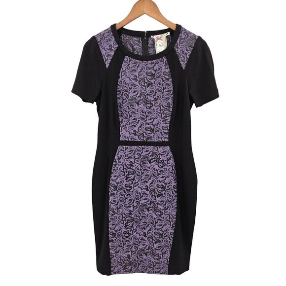 Yoana Baraschi Sheath Dress Sz 12 Damask Color Block Black Purple Anthropologie - Picture 1 of 6